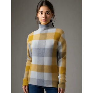 Tahari Womens Sweater Size‎ Large Yellow Gray Plaid Mock Turtleneck Indie Sleaze
